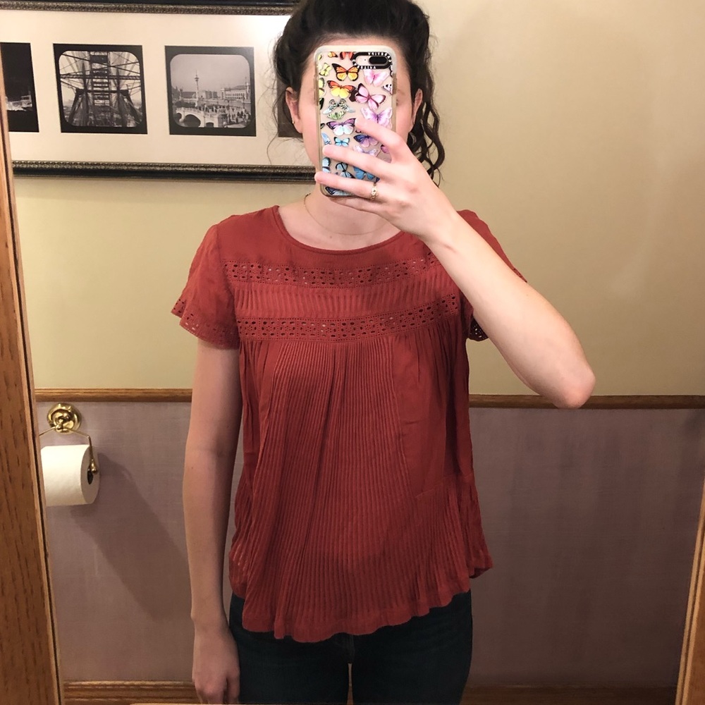 Anthropologie red eyelet cotton blouse
